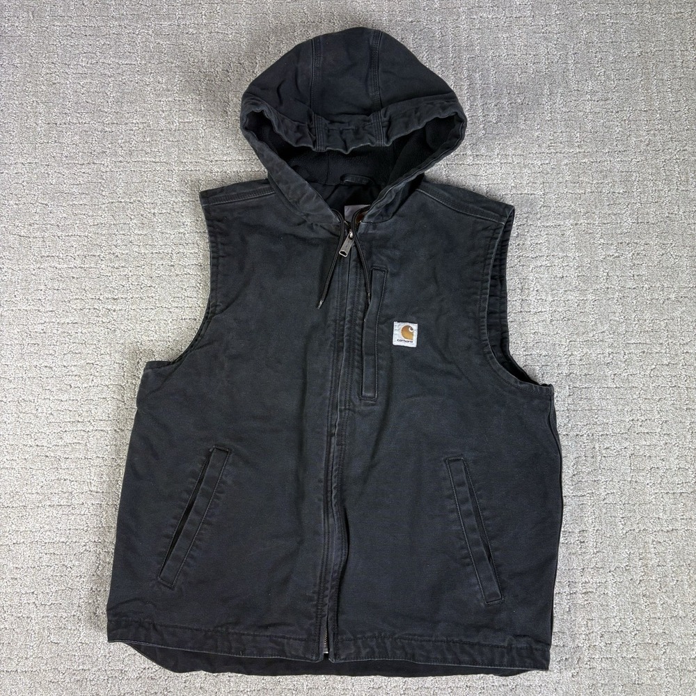 Carhartt 103837 Black Hooded Washed Duck Sherpa Lined Vest Mens M Medium